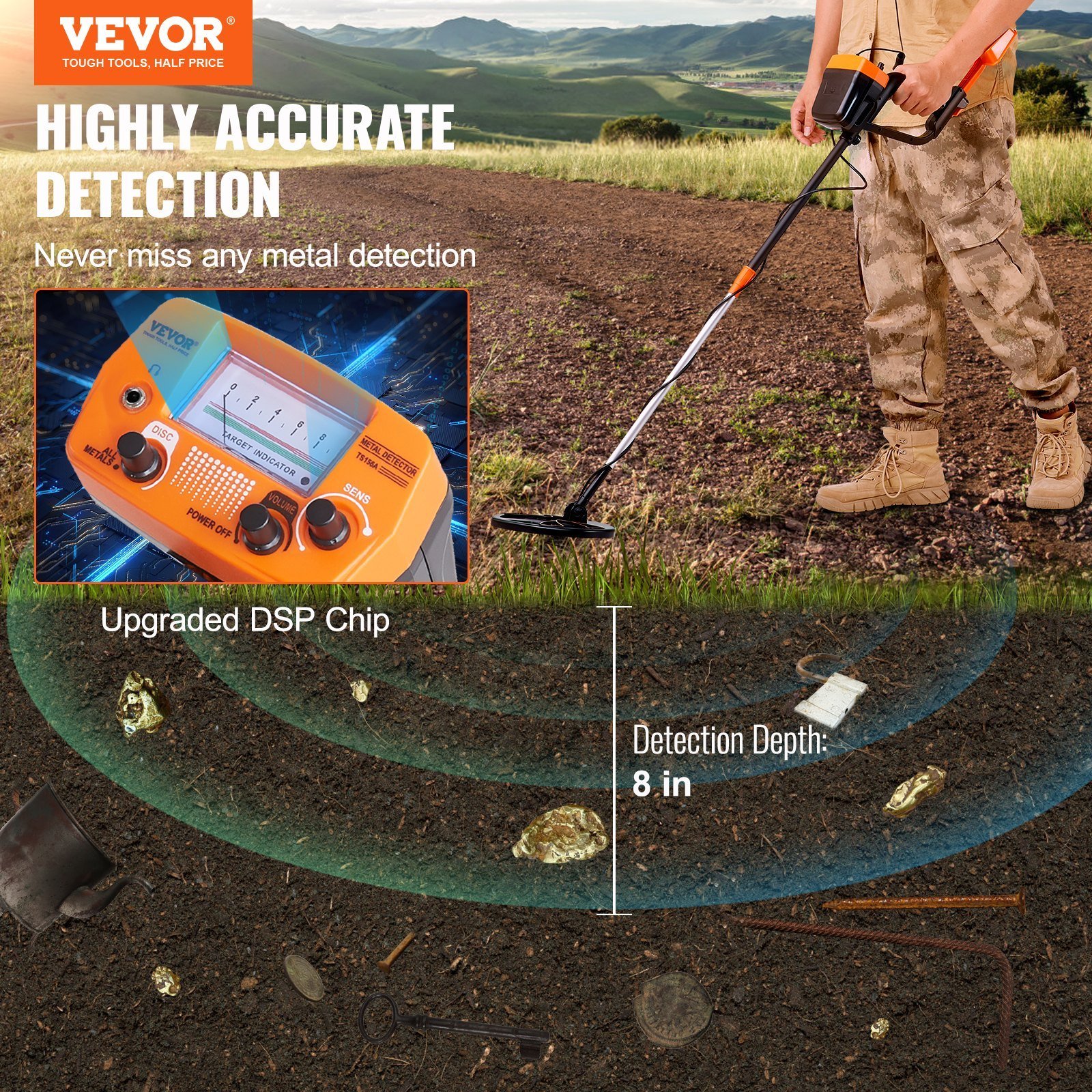 Metal Detector For Adults & Kids, 8 Inch Waterproof Search Coil With High Accuracy Pointer Display, Adjustable 38''-49'' Gold Detector, Lightweight Aluminum Stem For Detecting Gold Treasure - Image 2