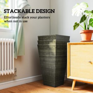 Set of 3 Tall Planters, 28" Outdoor Planter w/ Drainage Holes, Faux Wood Plastic Flower Pots, Dark Brown - Image 6