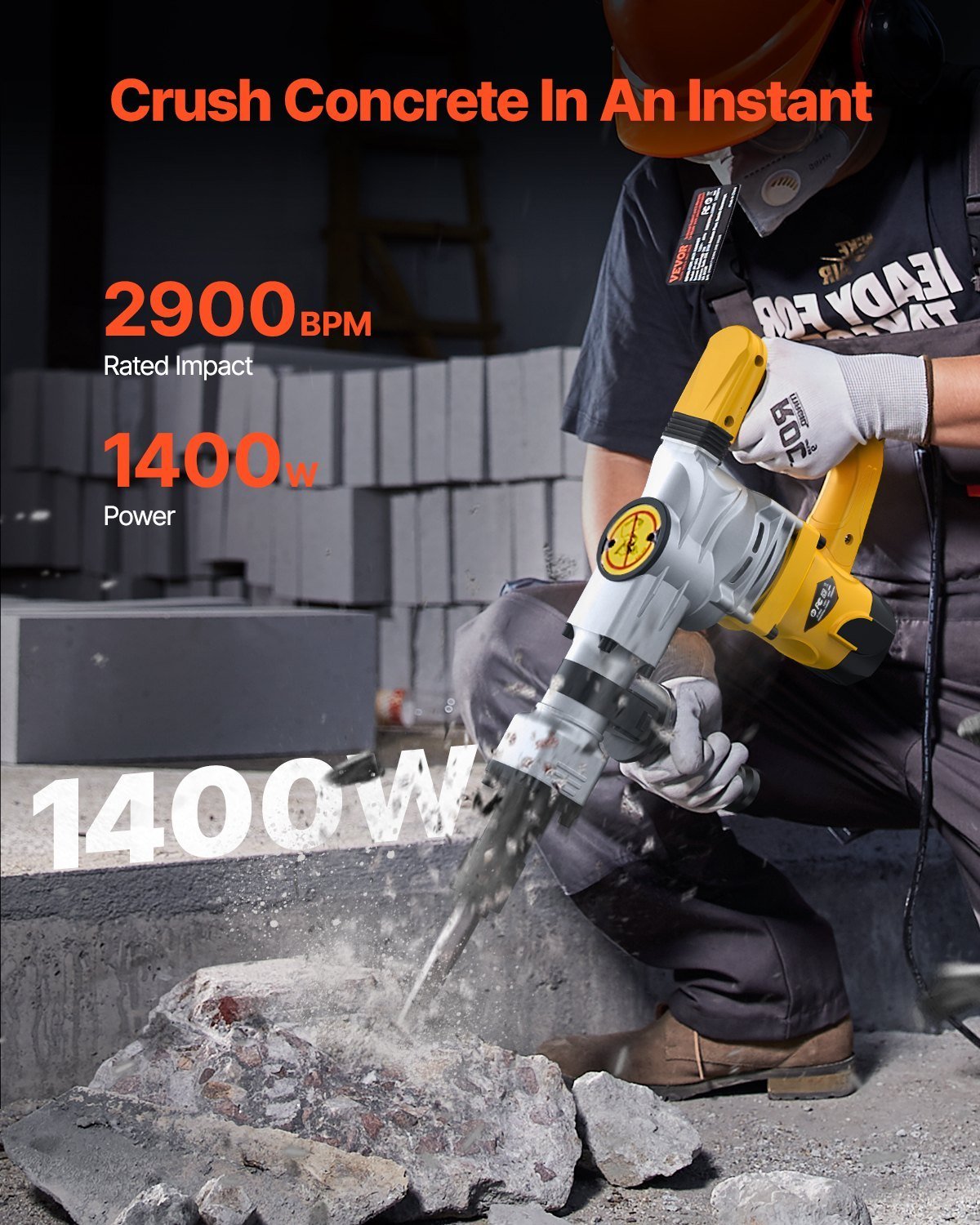Demolition Jack Hammer Concrete Breaker 1400W Electric Hammer 2 Chisel Bit - Image 3