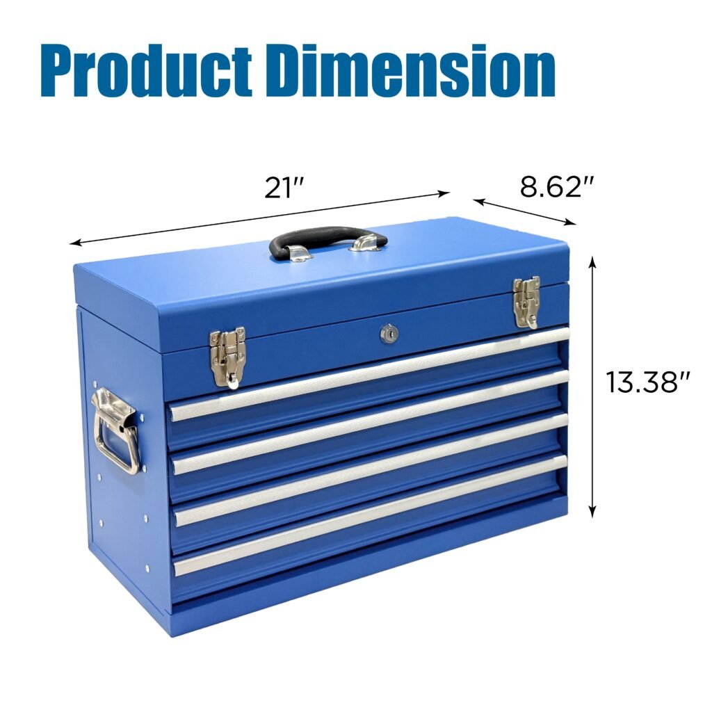 Heavy Duty Metal Tool Box, 21-inch, Portable Metal Tool Box With 4 Drawers, Small Tool Chest With EVA Liners, Ball Bearing Slide Drawers Locking & Powder Coated Finish, Multi-Function Tool Organizer