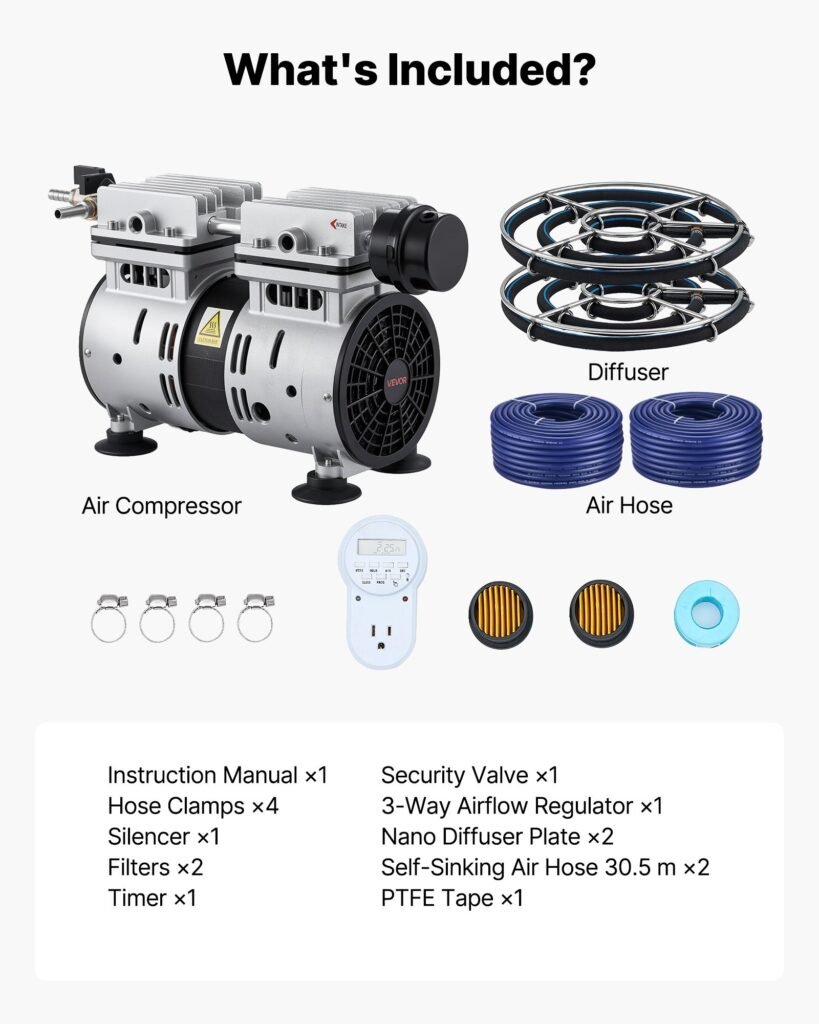 Pond Aerators, 5.2CFM Aeration System For Lake Up To 3 Acres, 3/4 HP Air Compressor, 2 Diffusesr & Two100' Weighted Tubings, Aeration Pump For Outdoor Ponds & Lakes Deep Water Oxygen Circulation
