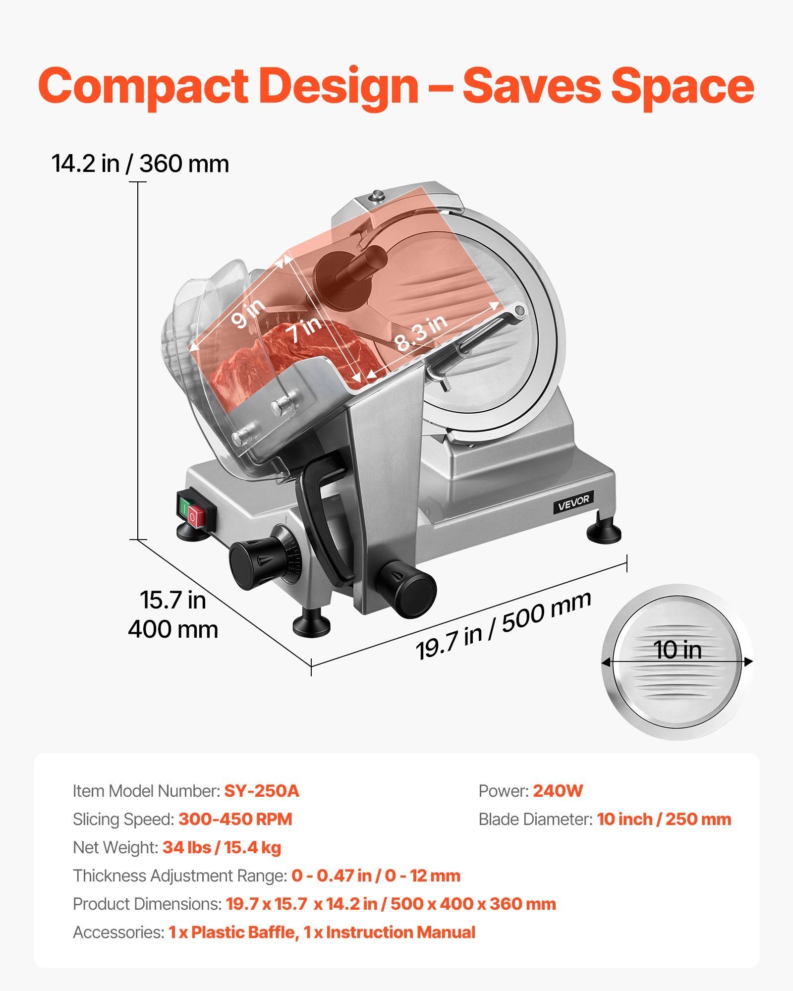 10" Commercial Meat Slicer, 240W Electric Deli Food Slicer With Carbon Steel Blade, Built-In Sharpener & 0-0.47" Adjustable Thickness For Frozen Meat, Ham, Baguett, Steak, UL Approved - Image 6