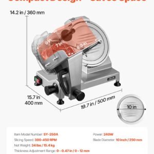 10" Commercial Meat Slicer, 240W Electric Deli Food Slicer With Carbon Steel Blade, Built-In Sharpener & 0-0.47" Adjustable Thickness For Frozen Meat, Ham, Baguett, Steak, UL Approved - Image 1