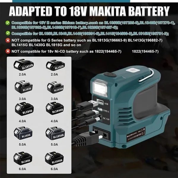 180W 18V LXT Battery Voltage Converter (Inverter) With USB LED Power Bank, Compatible With Makita 18V LXT Battery