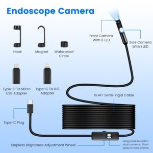 1Set Endoscope Camera 1920P HD IP67 Waterproof Inspection Borescope Tool With Light And 8 & 1 Dual Lens 16.4ft Semi Rigid Snake Cable Stepless Brightness APP Control For IOS And Android - Image 8