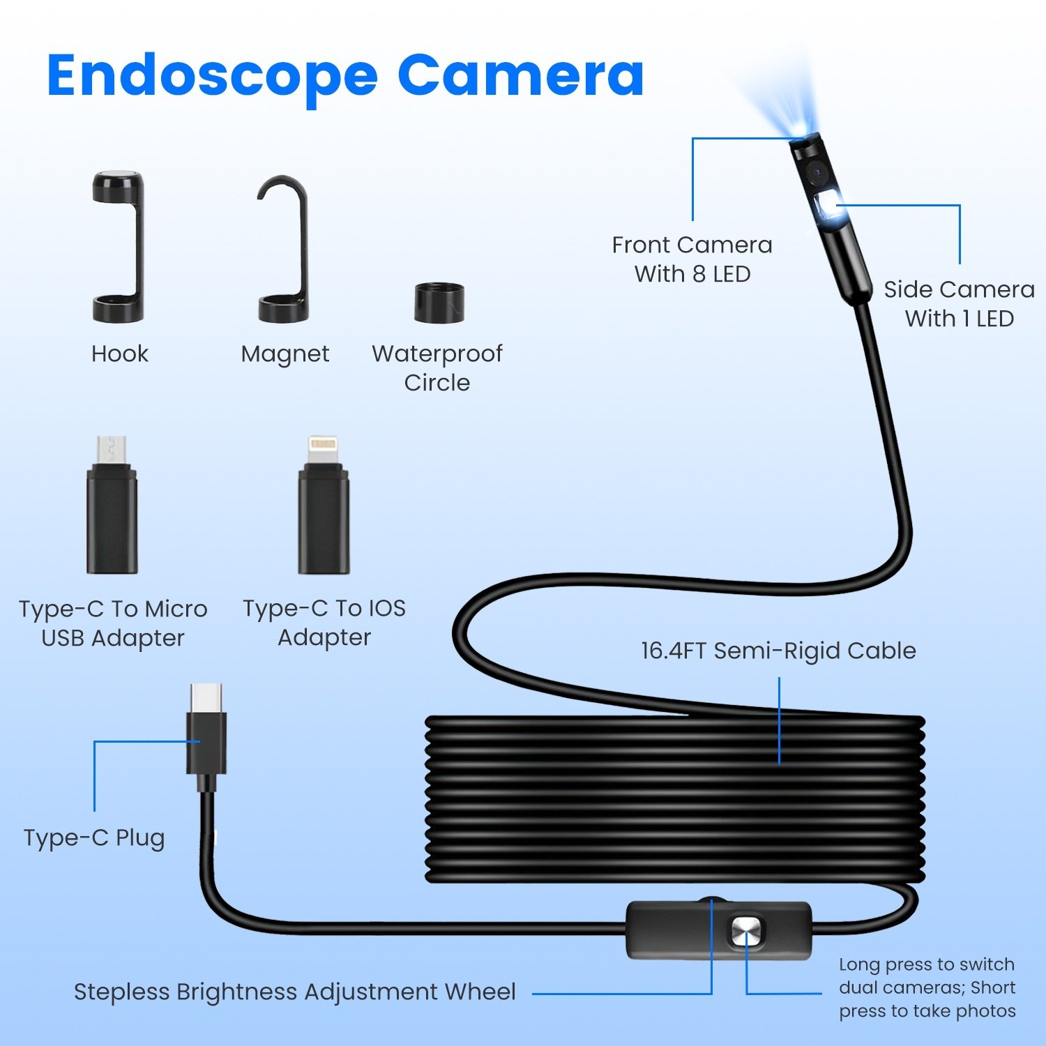 1Set Endoscope Camera 1920P HD IP67 Waterproof Inspection Borescope Tool With Light And 8 & 1 Dual Lens 16.4ft Semi Rigid Snake Cable Stepless Brightness APP Control For IOS And Android - Image 8