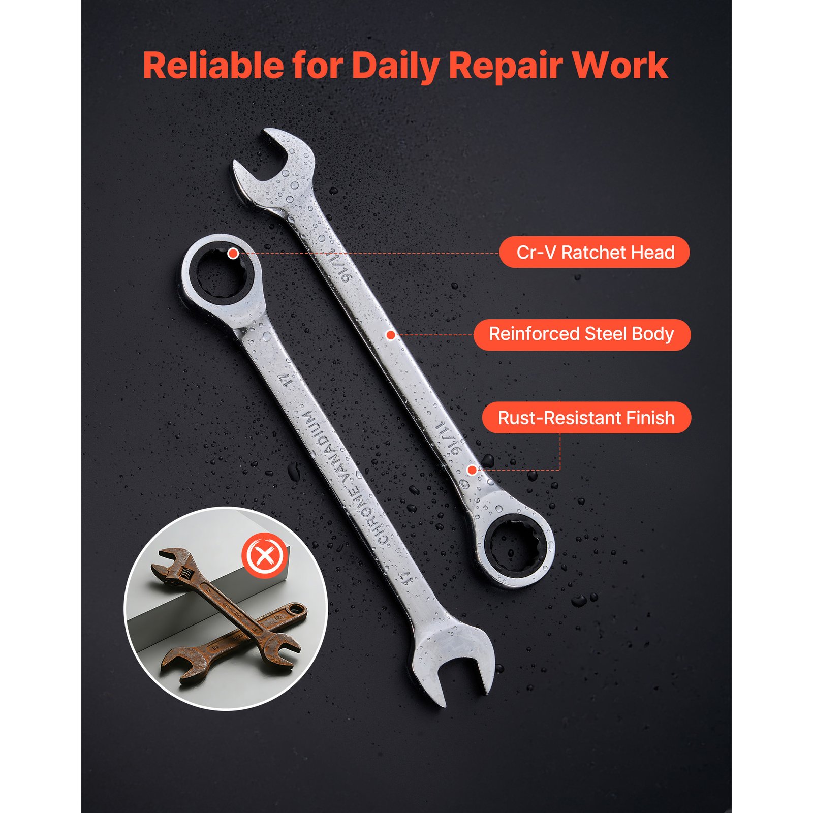 Combination Wrench Set, 26-Piece SAE And Metric, 72 Teeth, Cr-V Steel Ratcheting Wrench Set, With Rack Organizer, Open End, Clear Size Labels, For General Household, Automotive Repairs, Silver - Image 5