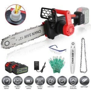 12-Inch Cordless Electric Chainsaw With 2 X 21V 1.5Ah/3.0Ah Batteries & Charger - Brushless Motor, Auto Oiler, Safety Switch For Tree Trimming, Wood Cutting, And Yard Maintenance - Image 1