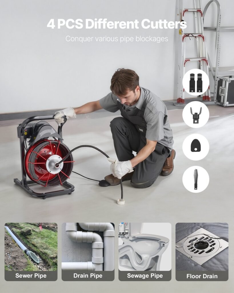 Drain Cleaner Machine 75 FT X 1/2 Inch, Sewer Snake Auger Manual Feed With 4 Cutters & Air-activated Foot Switch For 2" To 6" Pipes