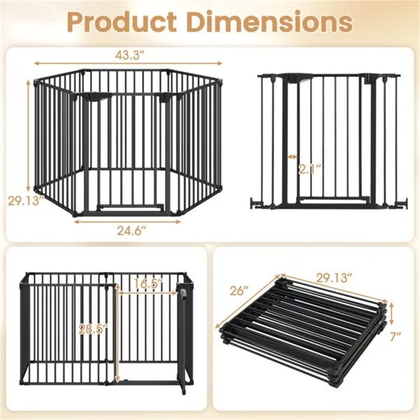 6-Panel Expandable Safety Gate (34.5"-154"), 270° Rotatable Baby/Pet Barrier For Fireplace Stairway Doorway-Black