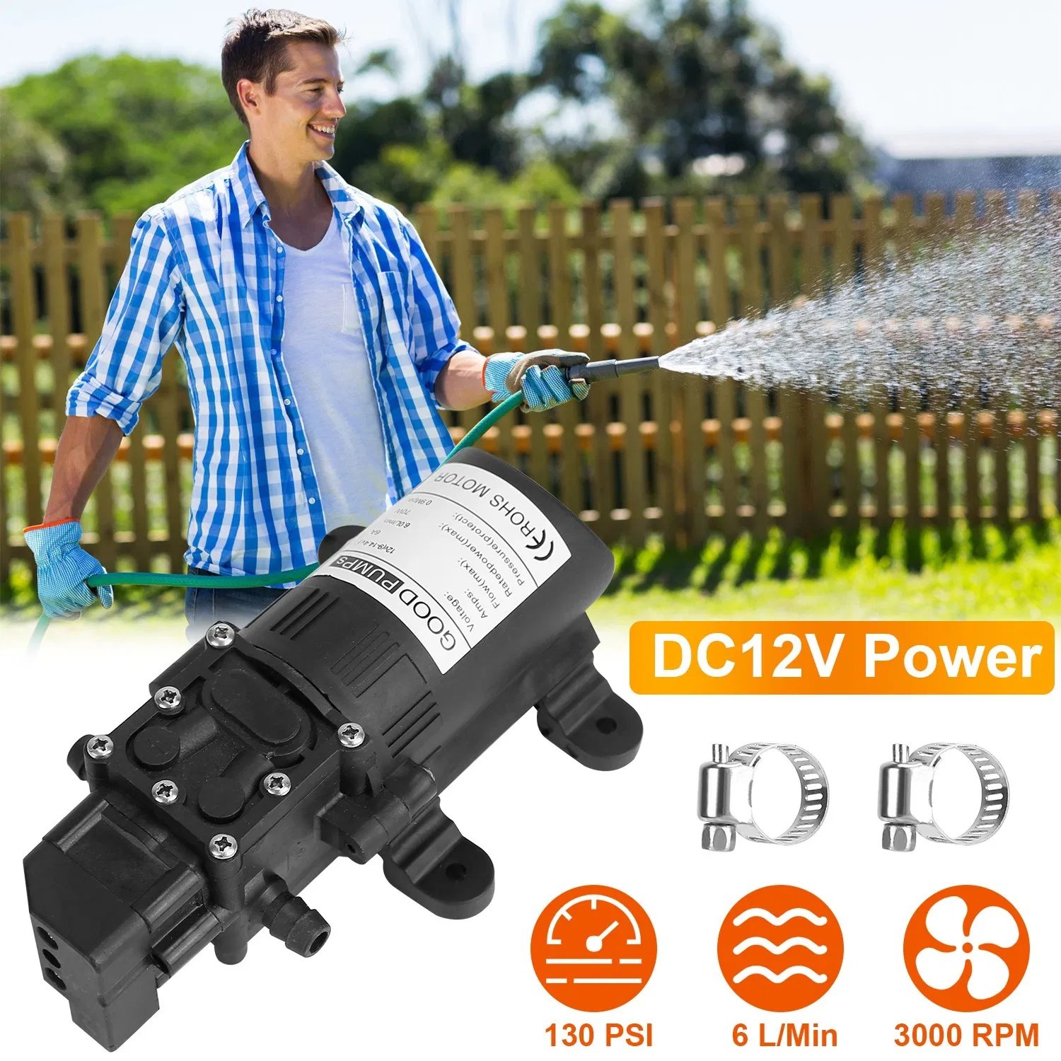 12V Water With 2 Hose Clamps 130PSI Self Priming Sprayer 70W Electric Diaphragm Water 6L Min For RV Camper Marine Boat - Image 9