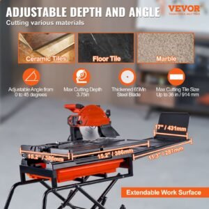 Wet Tile Saw With Stand, 10-inch 65Mn Steel Blade, 4500 RPM Motor, Tile Cutter Wet Saw With Water Reservoir And Casters, 0-45 Degrees Miter Angle For Cutting Tiles, Floor Tiles, And Stones - Image 6
