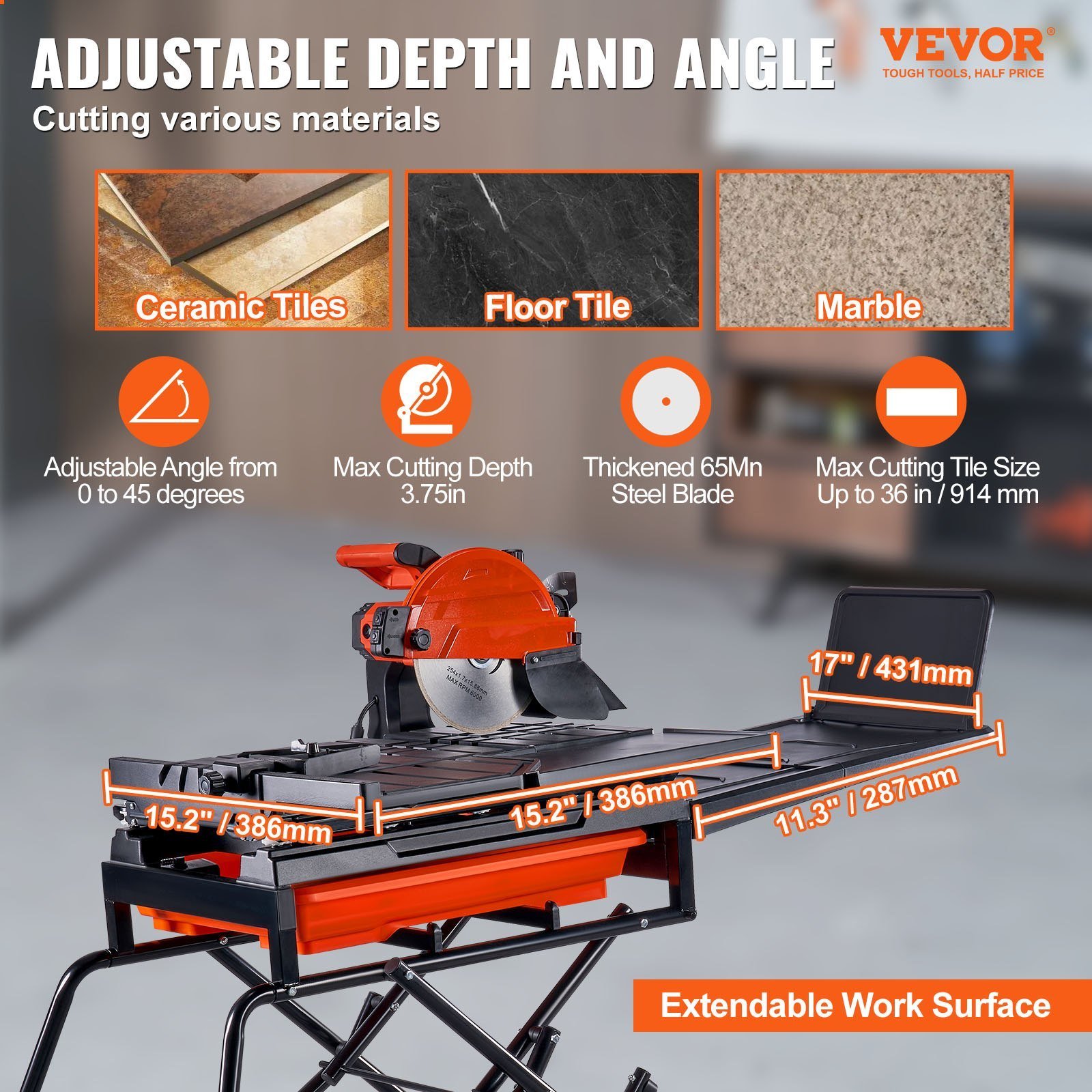 Wet Tile Saw With Stand, 10-inch 65Mn Steel Blade, 4500 RPM Motor, Tile Cutter Wet Saw With Water Reservoir And Casters, 0-45 Degrees Miter Angle For Cutting Tiles, Floor Tiles, And Stones - Image 6