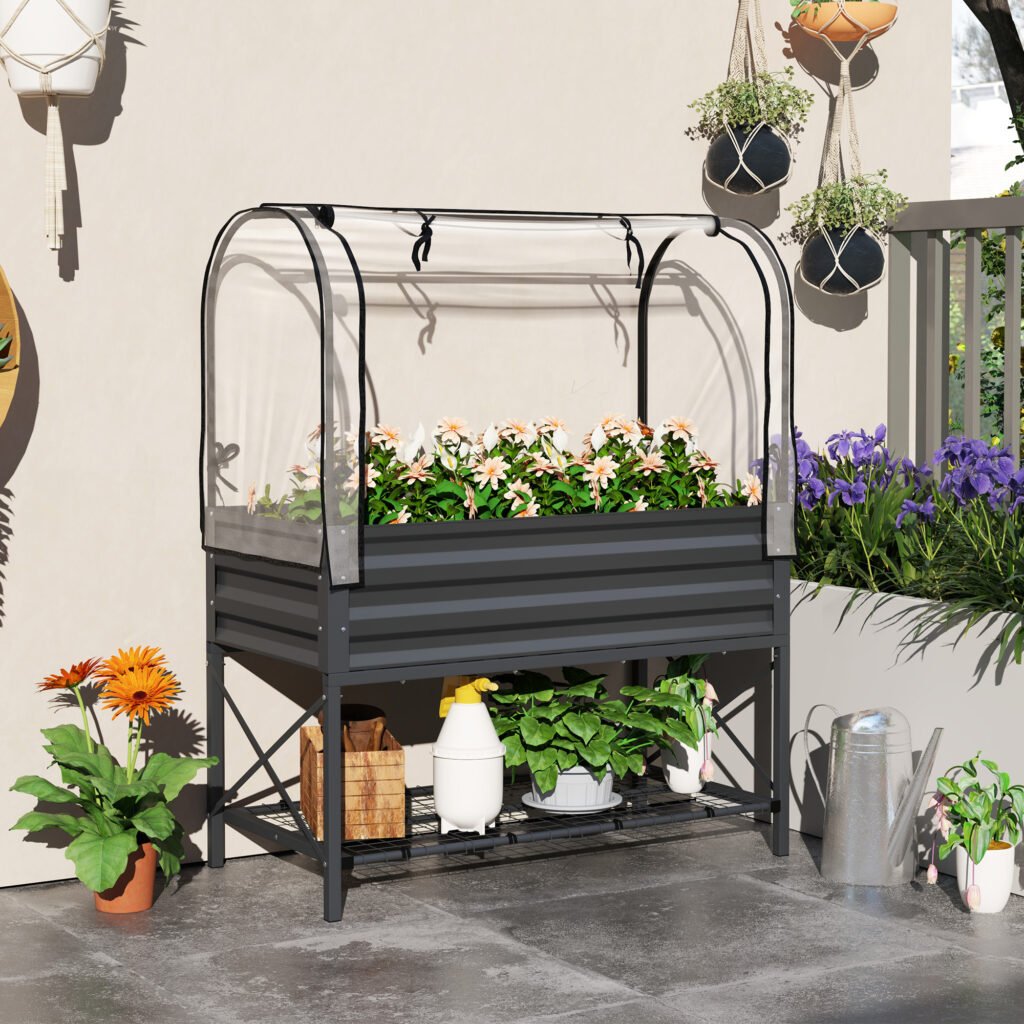Raised Garden Bed with Legs and Cover, Metal Elevated Planter Box with Bottom Shelf and Liner for Vegetables, Dark Gray