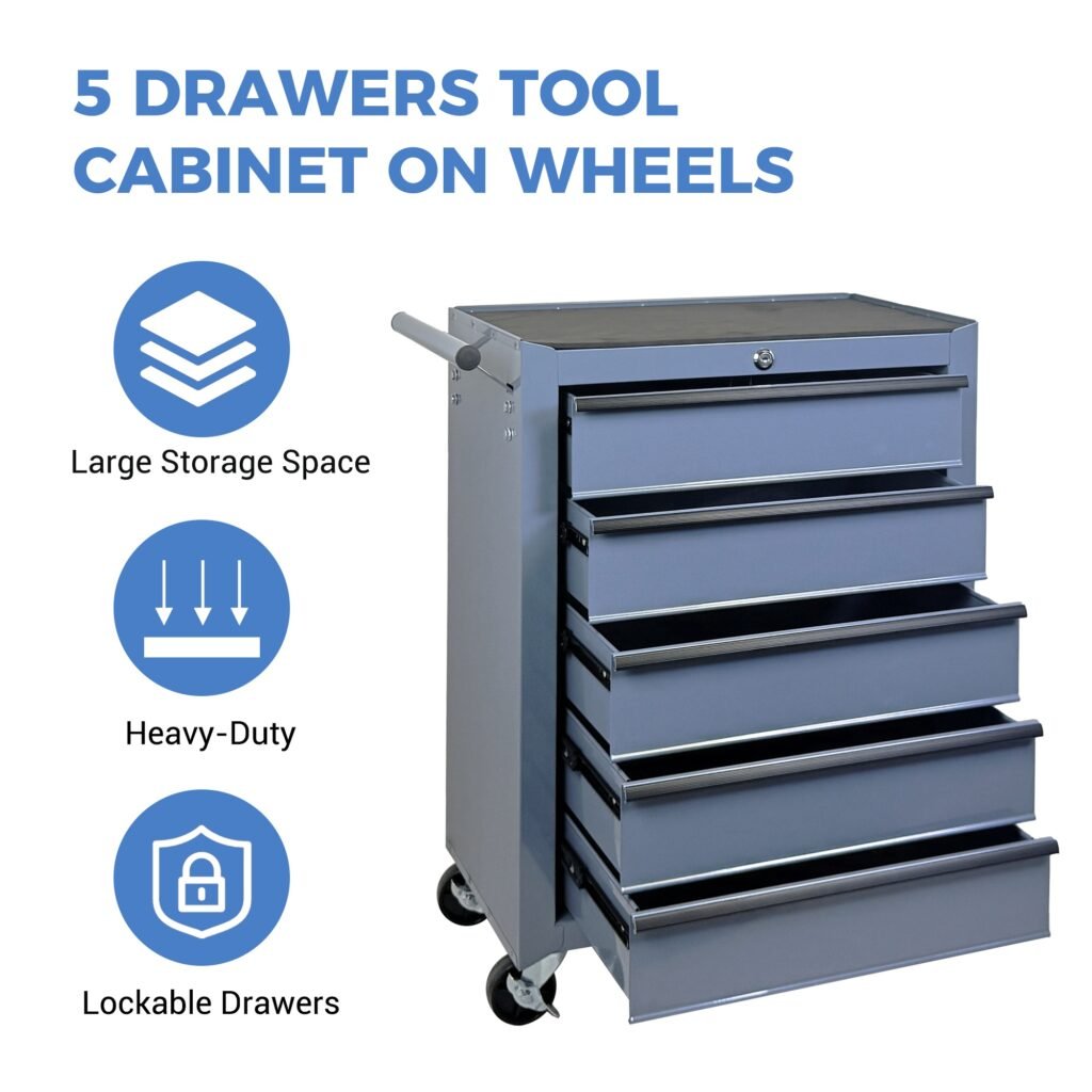5-Drawer Rolling Tool Storage Cabinet With Detachable Top Tool Box, Universal Lockable Wheels, Adjustable Shelf, Locking Mechanism, Metal Tool Cart For Garage Workshop