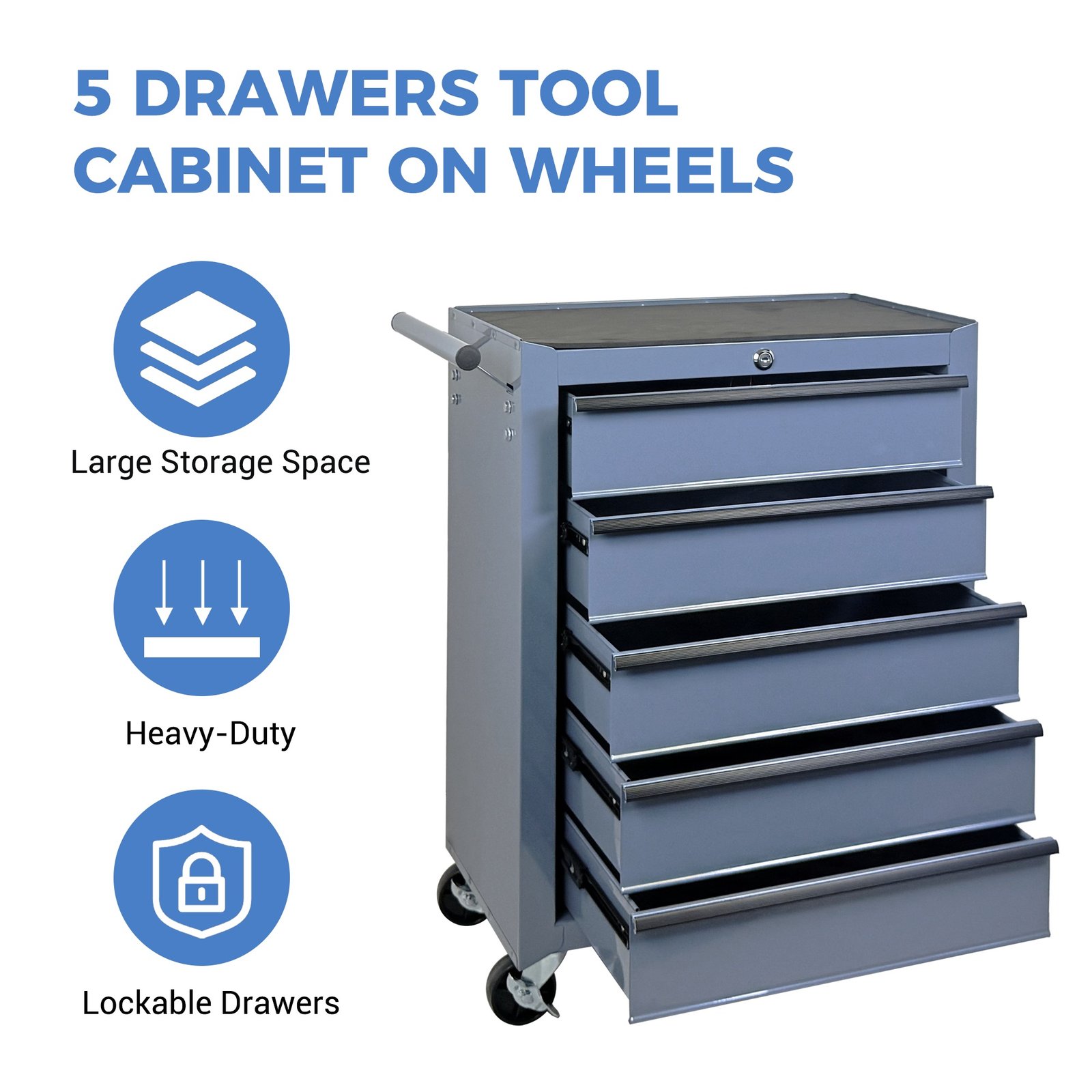 5-Drawer Rolling Tool Storage Cabinet With Detachable Top Tool Box, Universal Lockable Wheels, Adjustable Shelf, Locking Mechanism, Metal Tool Cart For Garage Workshop - Image 4