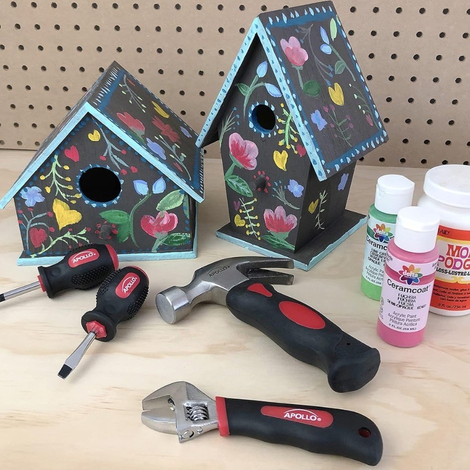 Apollo Tools 4 Piece Stubby Tool Set Mini Hammer Screwdriver And Wrench Red