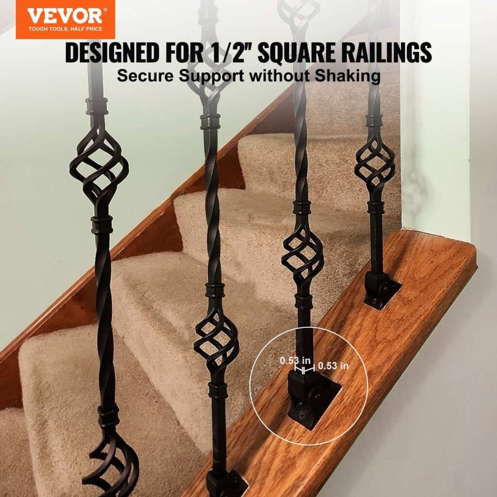 Aluminum Alloy Baluster Shoes Square Balusters Baluster Wrought Spindles For Staircase Slant Shoes With Screw Holes For Use With 1/2 Inch Staircase Balusters, Spray Coated Black (50 Pcs)