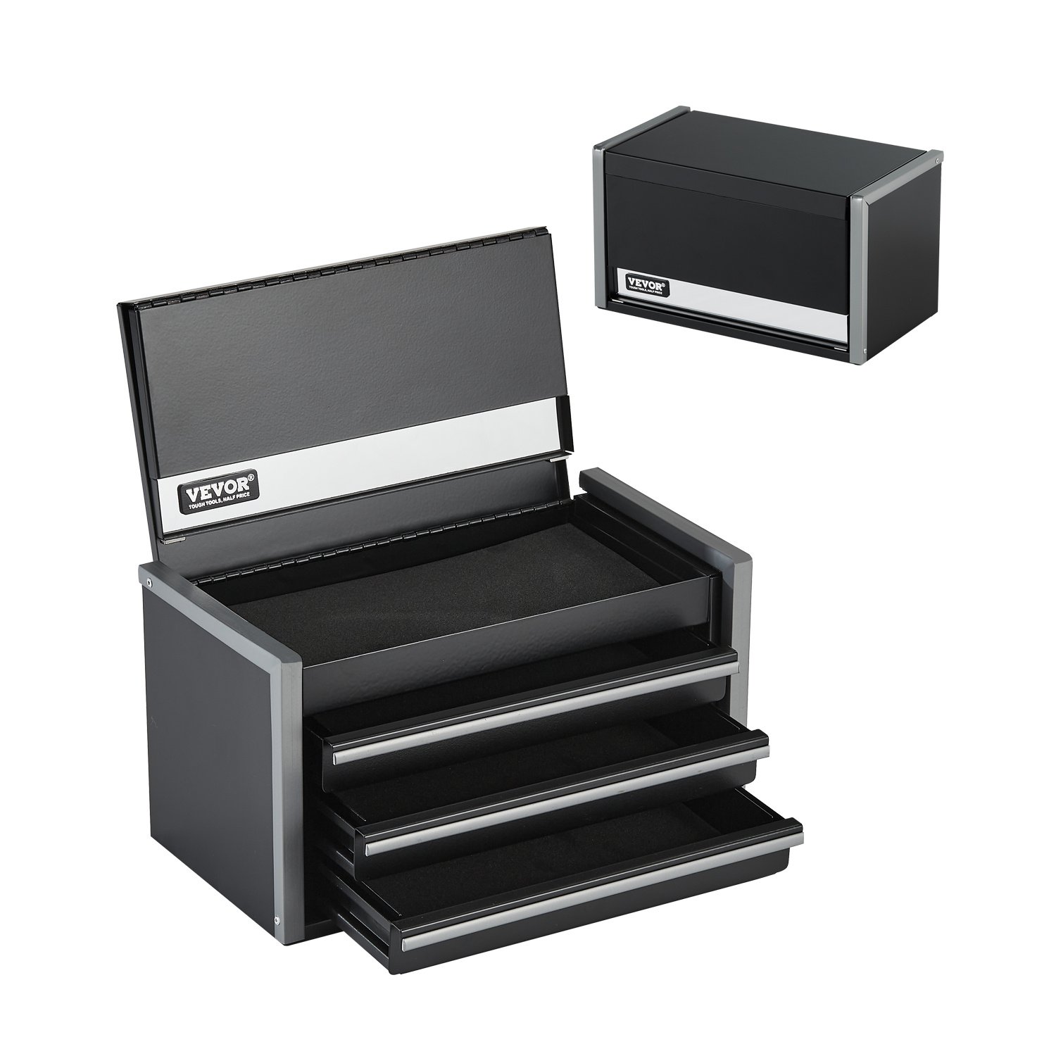 Tool Box 8.6-inch Portable Metal Tool Box With 3 Drawers Tool Organizer Black - Image 1
