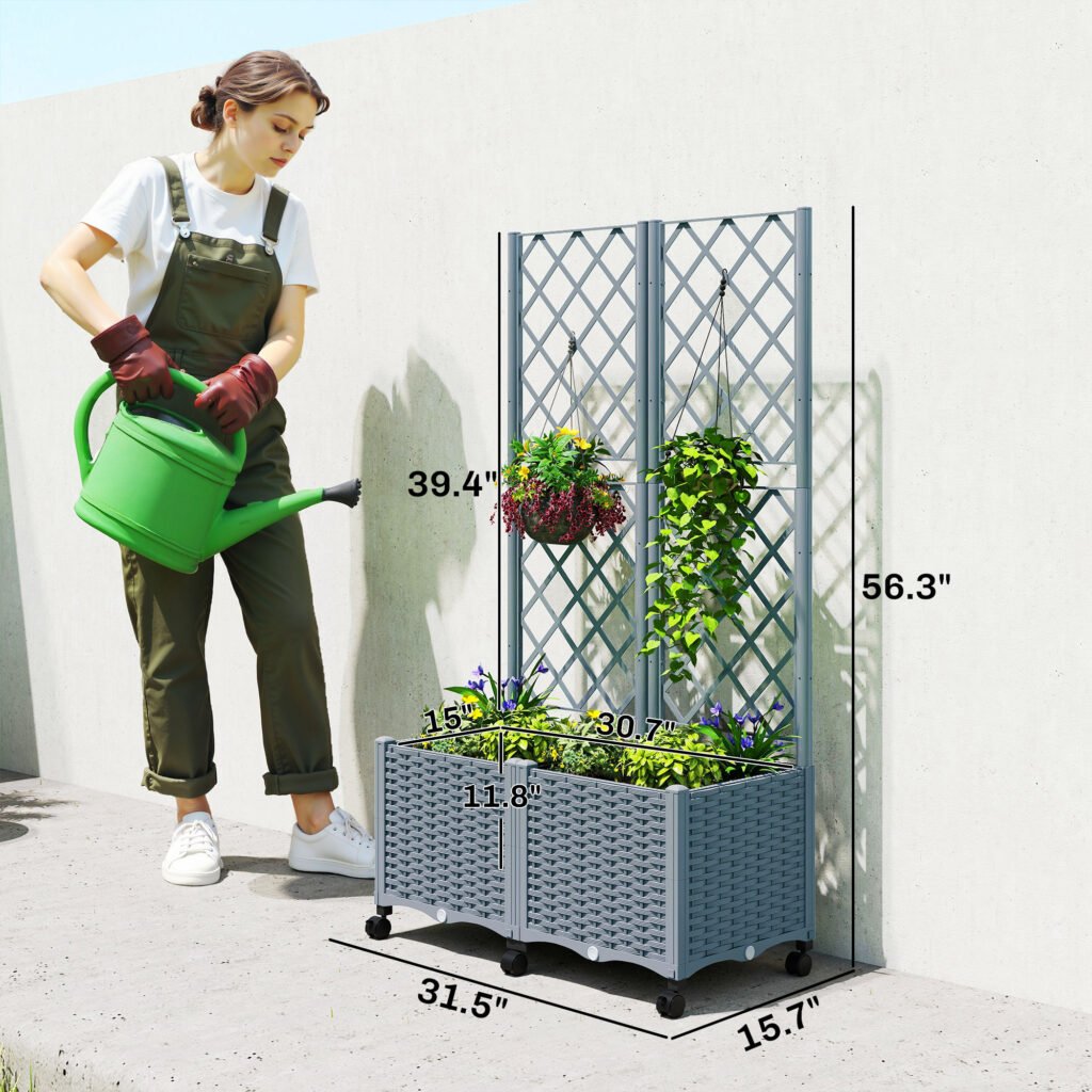 Planter Box with Trellis, Self Watering Raised Garden Bed with Lockable Wheels and Drainage Holes, Gray