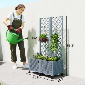 Planter Box with Trellis, Self Watering Raised Garden Bed with Lockable Wheels and Drainage Holes, Gray - Image 6