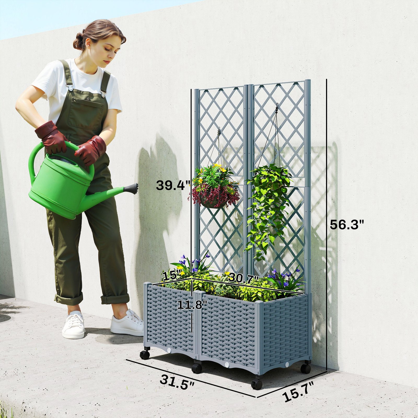 Planter Box with Trellis, Self Watering Raised Garden Bed with Lockable Wheels and Drainage Holes, Gray - Image 6