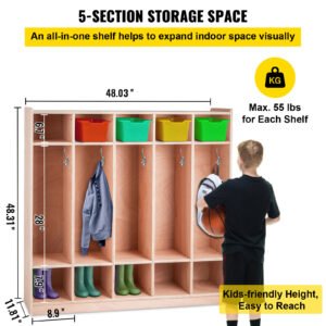 Coat Locker, 5-Section Daycare Cubby Coat Rack 48x12x48 Inch, Classroom Coat Locker And Backpack Hanger, With 5 Hooks And Storage Boxes, For Kindergarten & School, Natural - Image 4