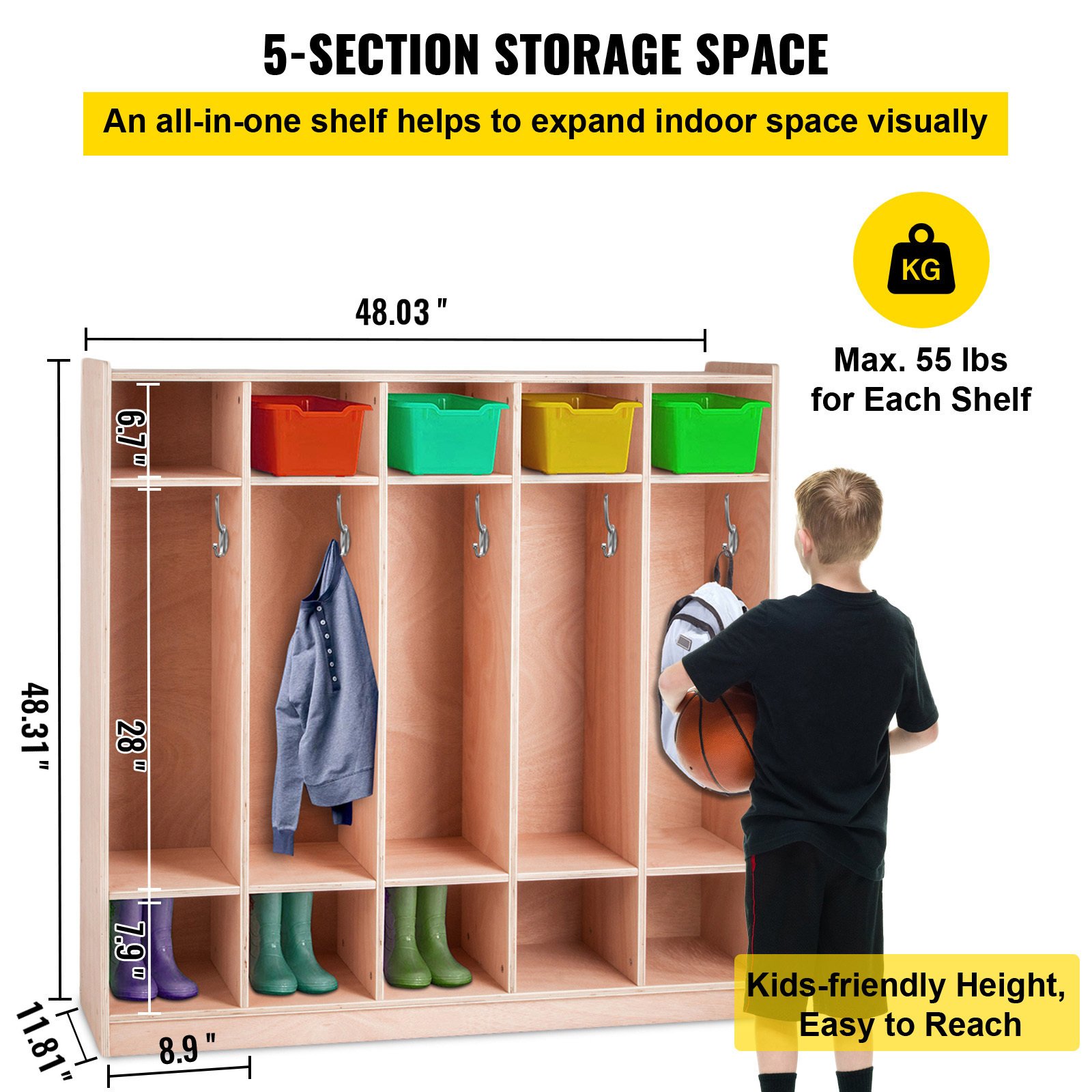 Coat Locker, 5-Section Daycare Cubby Coat Rack 48x12x48 Inch, Classroom Coat Locker And Backpack Hanger, With 5 Hooks And Storage Boxes, For Kindergarten & School, Natural - Image 4