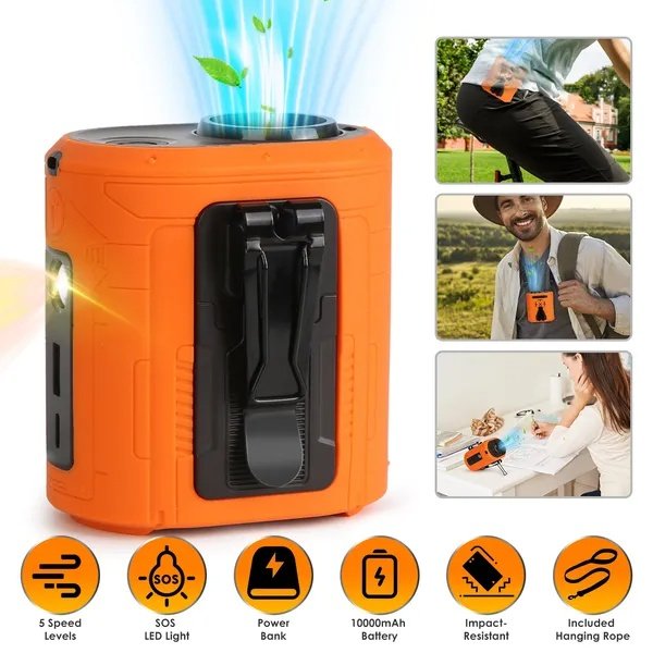 5 In 1 Portable Waist Clip Fan With 5 Speeds Flashlight Battery Operated Personal Wearable Turbo Belt Fan Hands-Free Neck Fan For Camping Travel Job Site