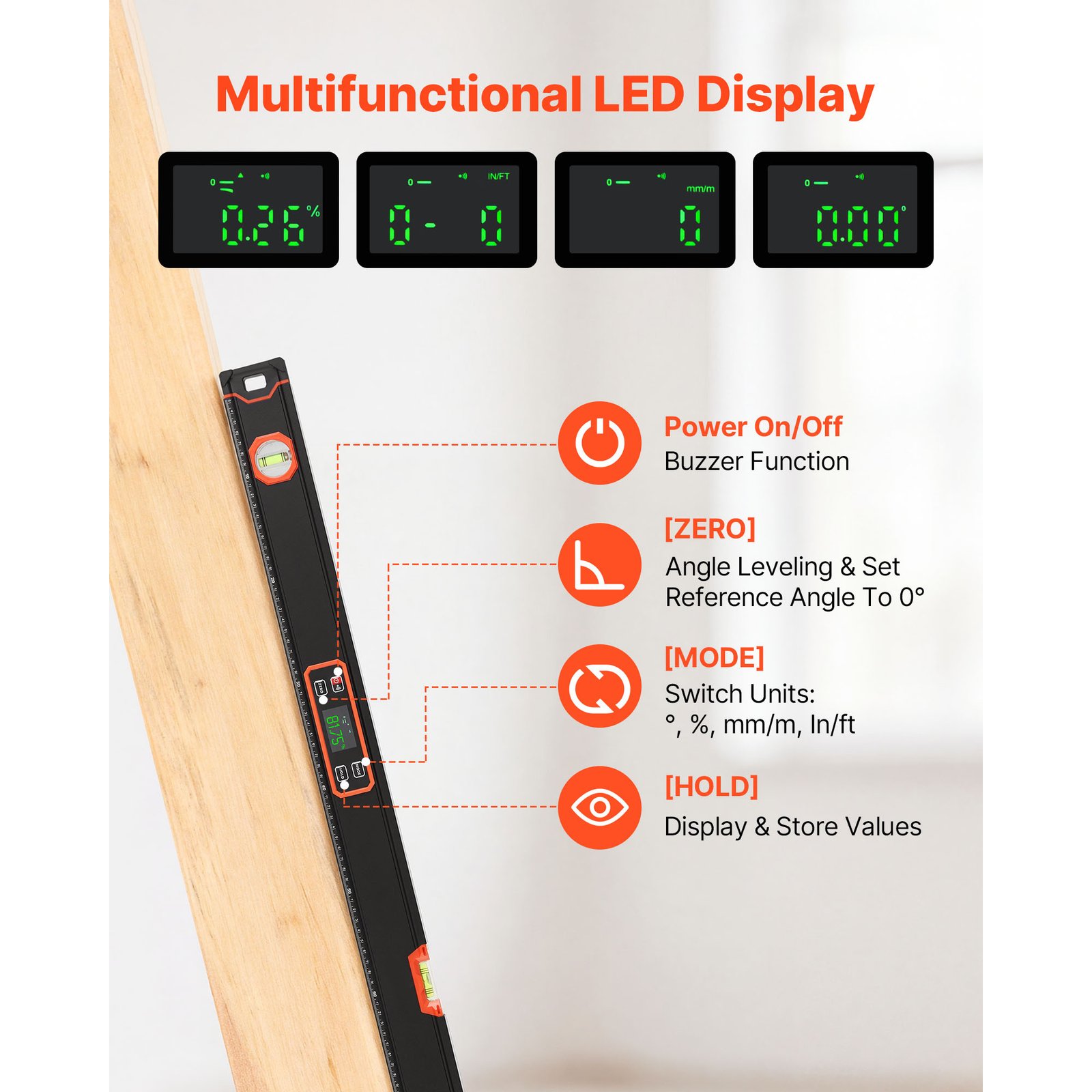Digital Level, 48 In Length, Magnetic Electronic Level With LED Backlit Display, 360 Electronic Leveler Tool With 0  45  90  Bubble Vials, IP54 Rating For Construction Carpentry Home Renovation - Image 2