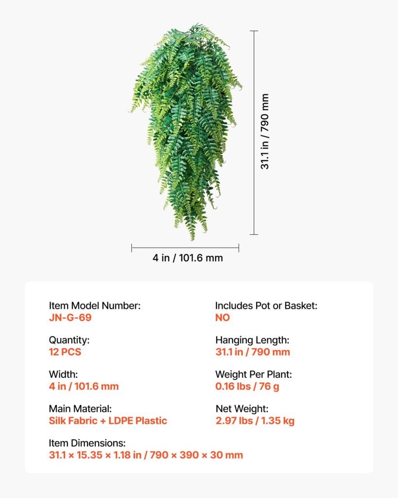 Artificial Ferns, 12 Pcs Fake Hanging Boston Fern Bush Plant With 32 Inch Hanging Length, Plastic Faux Greenery For Indoor/Outdoor Decor, For Wall, Wedding Party, Home, Porch Garden, No Basket