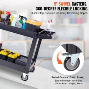 VEVOR Utility Service Cart, 2 Shelf 550LBS Heavy Duty Plastic Rolling Utility Cart With Swivel Wheels 2 With Brakes, Large Lipped Shelf, Ergonomic Storage Handle For Warehouse Garage Cleaning - Image 8