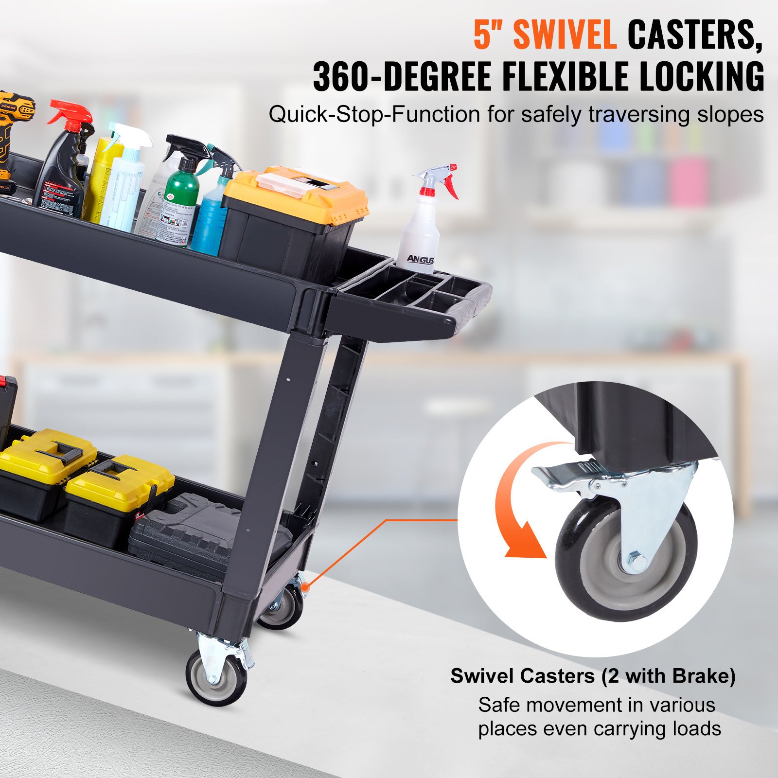 VEVOR Utility Service Cart, 2 Shelf 550LBS Heavy Duty Plastic Rolling Utility Cart With Swivel Wheels 2 With Brakes, Large Lipped Shelf, Ergonomic Storage Handle For Warehouse Garage Cleaning - Image 8