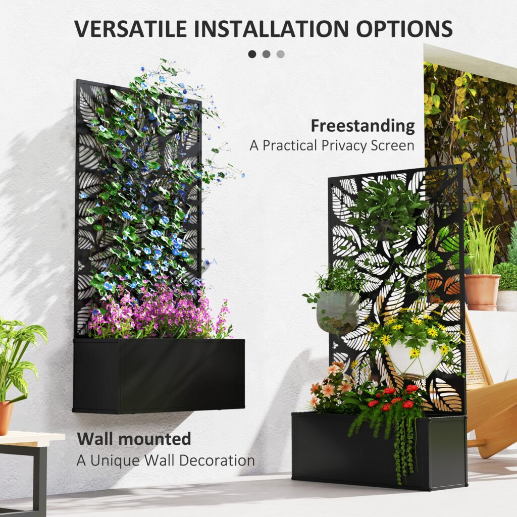 Metal Garden Bed with Trellis for Climbing Plants, Freestanding or Wall Mounted Flower Bed for Garden, Patio, Balcony