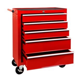 5-Drawer Rolling Tool Chest w/Lock & Key, Tool Storage Cabinet with Wheels, Top Cushion & Drawer Liners, Tool Organizer Box for Garage, Warehouse & Repair Shop-RED - Image 10