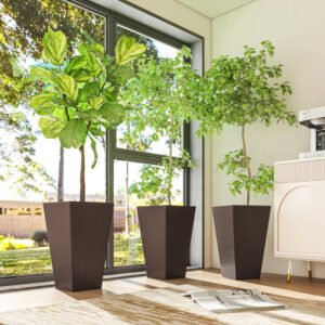 Set Of 3 Tall Planters With Drainage Hole, 24 Outdoor Flower Plant Pots, Indoor Planters For Porch, Front Door, Entryway, Patio And Deck, Brown - Image 2
