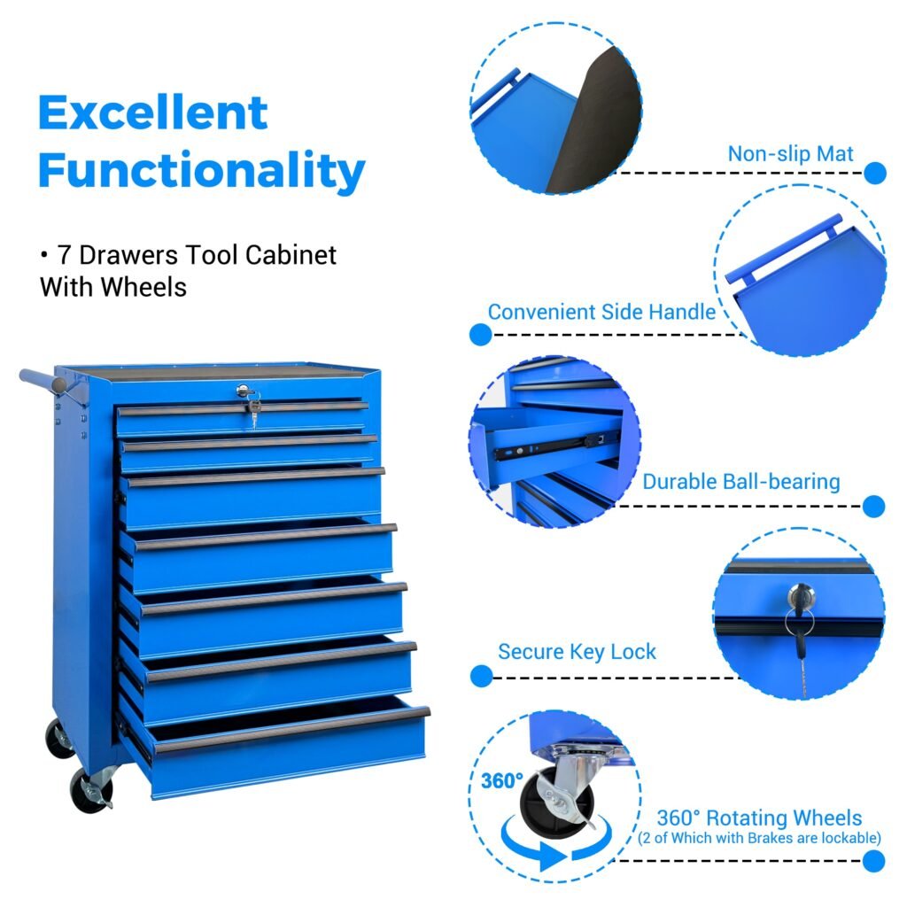 7-Drawer Rolling Tool Storage Cabinet With Detachable Top Tool Box, Universal Lockable Wheels, Adjustable Shelf, Locking Mechanism, Metal Tool Cart For Garage Workshop,Twilight Sea Blue