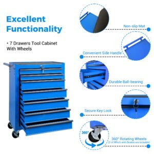 7-Drawer Rolling Tool Storage Cabinet With Detachable Top Tool Box, Universal Lockable Wheels, Adjustable Shelf, Locking Mechanism, Metal Tool Cart For Garage Workshop,Twilight Sea Blue - Image 8