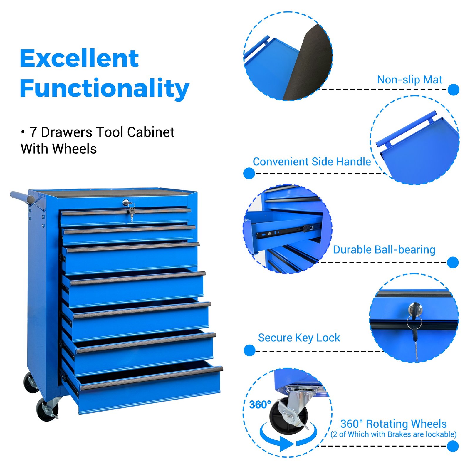 7-Drawer Rolling Tool Storage Cabinet With Detachable Top Tool Box, Universal Lockable Wheels, Adjustable Shelf, Locking Mechanism, Metal Tool Cart For Garage Workshop,Twilight Sea Blue - Image 8