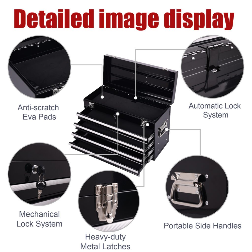 Heavy Duty Metal Tool Box, 21-inch, Portable Metal Tool Box With 4 Drawers, Small Tool Chest With EVA Liners, Ball Bearing Slide Drawers Locking & Powder Coated Finish, Multi-Function Tool Organizer