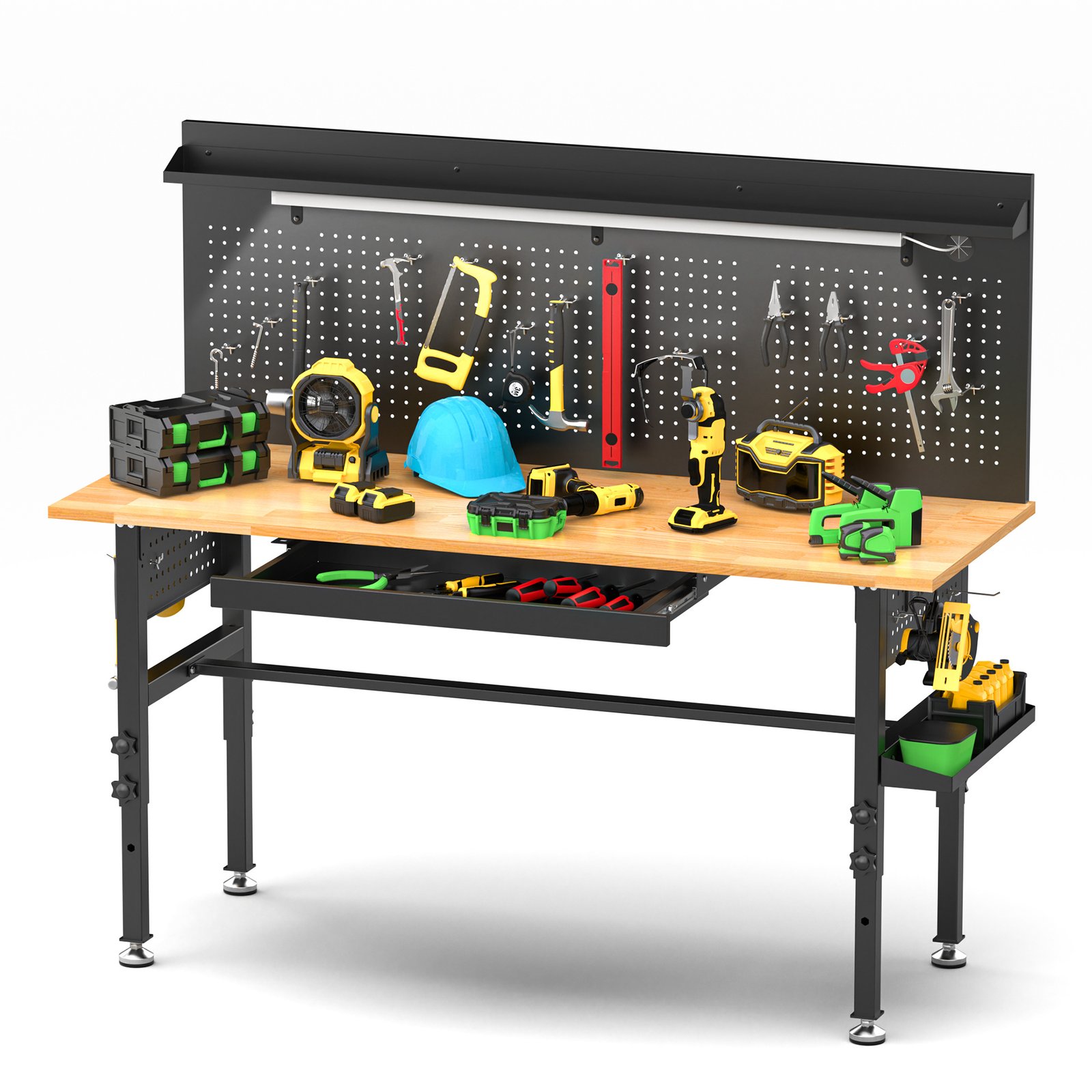 60in  Workbench With Drawers ,Solid Wood Top, 2000 Lbs Capacity, Adjustable Height Garage Work Table With Power Outlet, LED Light, Wheels Or Leveling Feet - Image 6