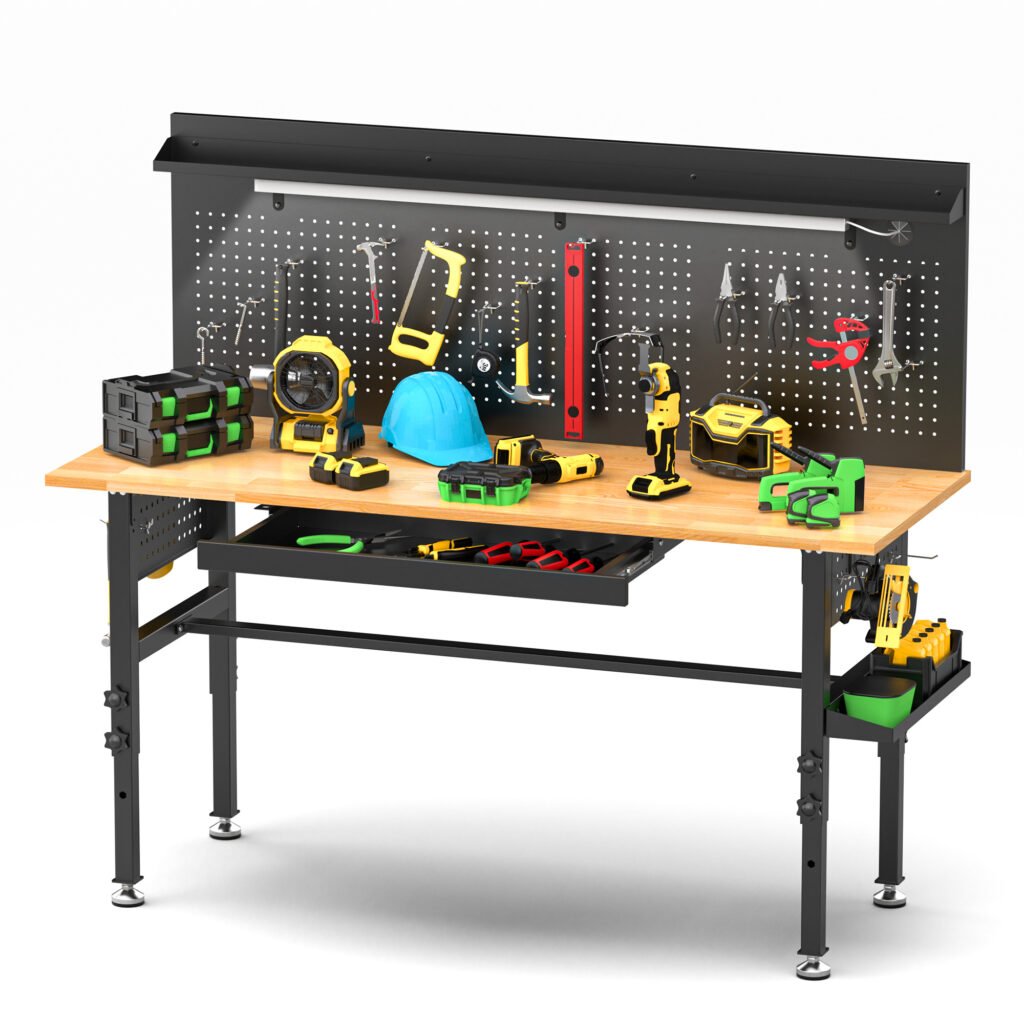 60in  Workbench With Drawers ,Solid Wood Top, 2000 Lbs Capacity, Adjustable Height Garage Work Table With Power Outlet, LED Light, Wheels Or Leveling Feet
