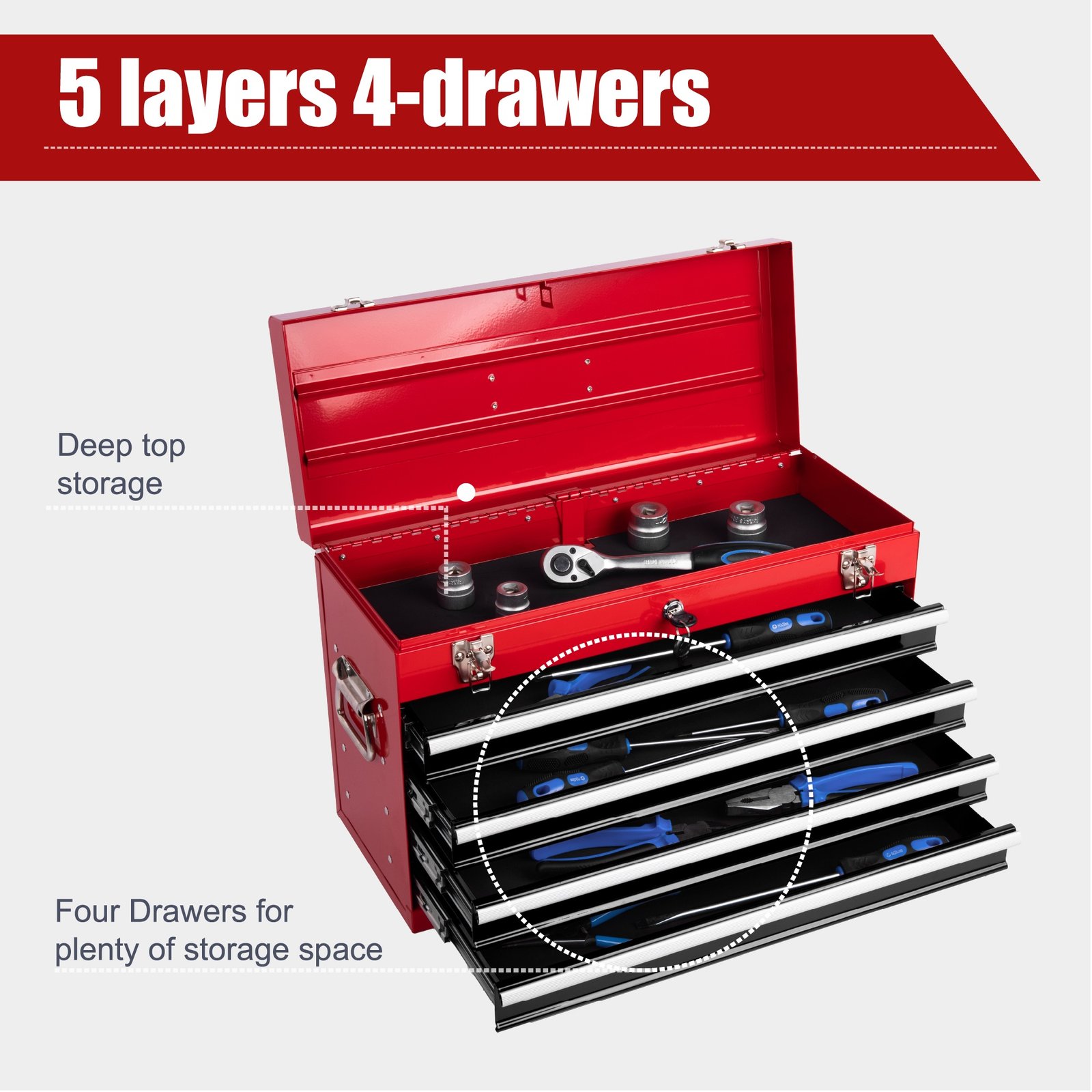 Heavy Duty Metal Tool Box, 21-inch, Portable Metal Tool Box With 4 Drawers, Small Tool Chest With EVA Liners, Ball Bearing Slide Drawers Locking & Powder Coated Finish, Multi-Function Tool Organizer - Image 7