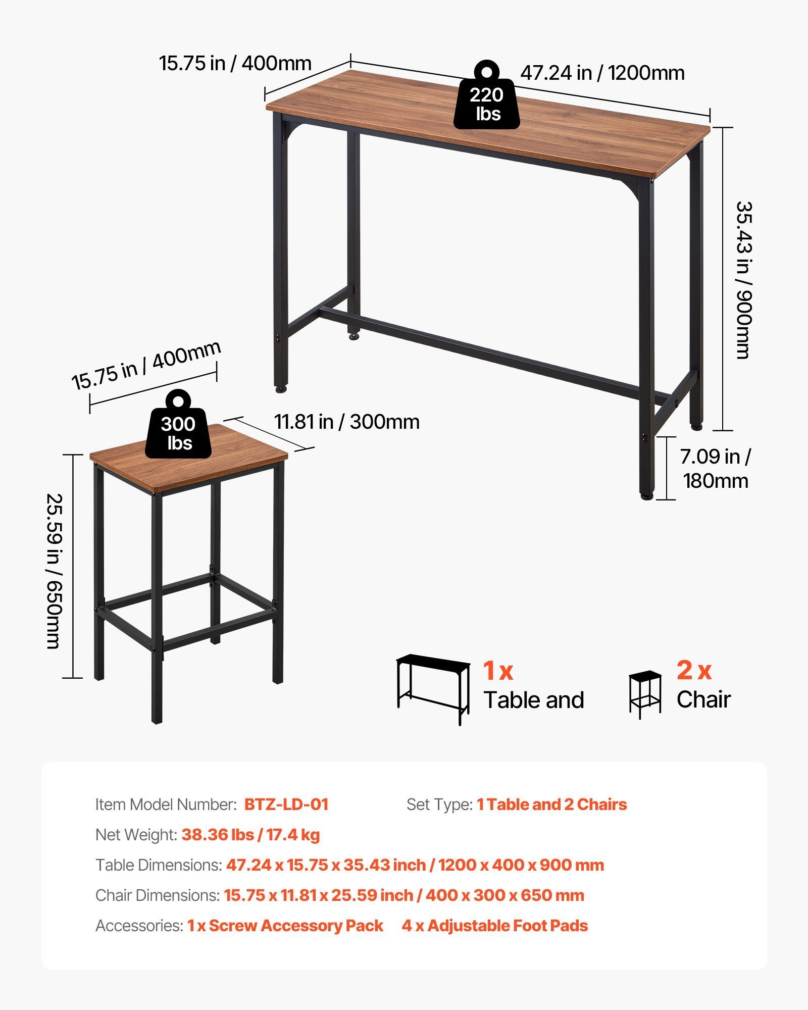 Bar Table, 3PCS 47″ Bars Tables Set, Bar Tables And Chair Set With Rounded Edge Design, Rectangular Pub Table With Two Stools For Office Desk, Breakfast Corner, Mini Bars, Rustic Brown, Black - Image 3