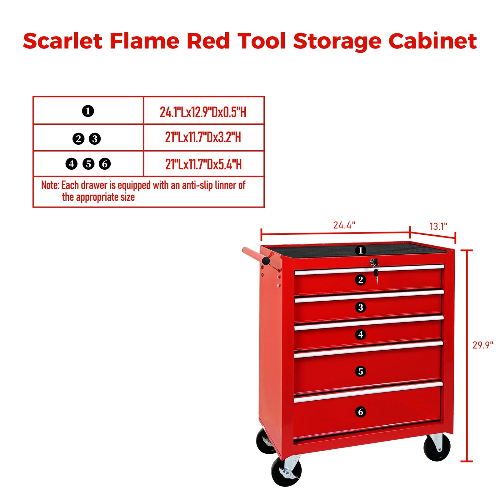 5-Drawer Rolling Tool Chest w/Lock & Key, Tool Storage Cabinet with Wheels, Top Cushion & Drawer Liners, Tool Organizer Box for Garage, Warehouse & Repair Shop-RED - Image 2
