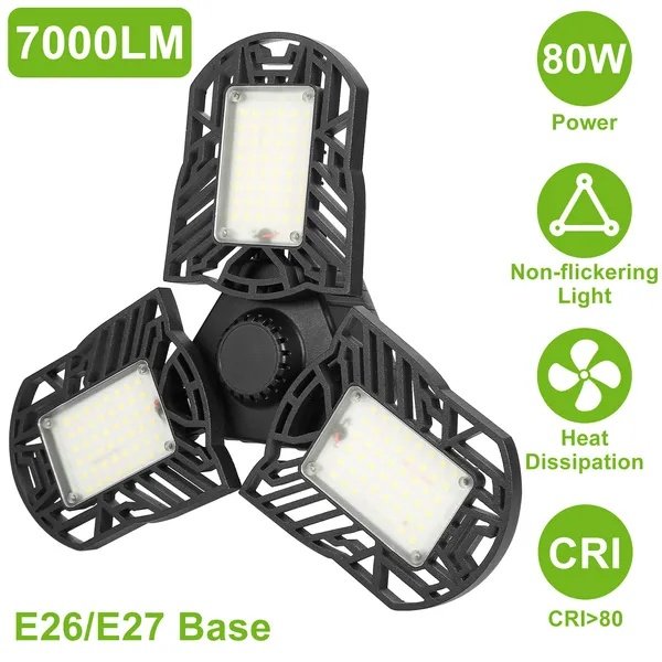 LED Garage Light, IMounTEK E26/E27 80W 7000LM 6500K Garage Ceiling Light Deformable Workshop Lamp LED Ceiling Light Bulbs