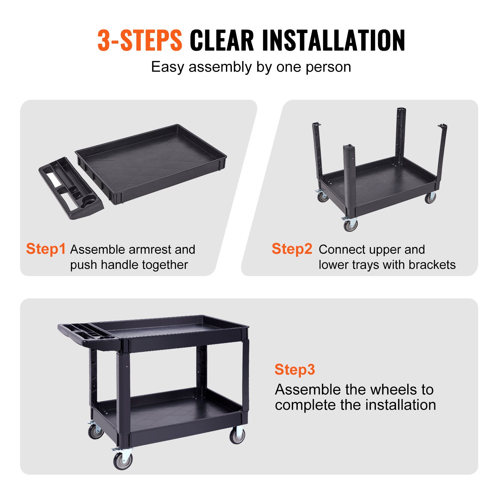 VEVOR Utility Service Cart, 2 Shelf 550LBS Heavy Duty Plastic Rolling Utility Cart With Swivel Wheels 2 With Brakes, Large Lipped Shelf, Ergonomic Storage Handle For Warehouse Garage Cleaning - Image 6