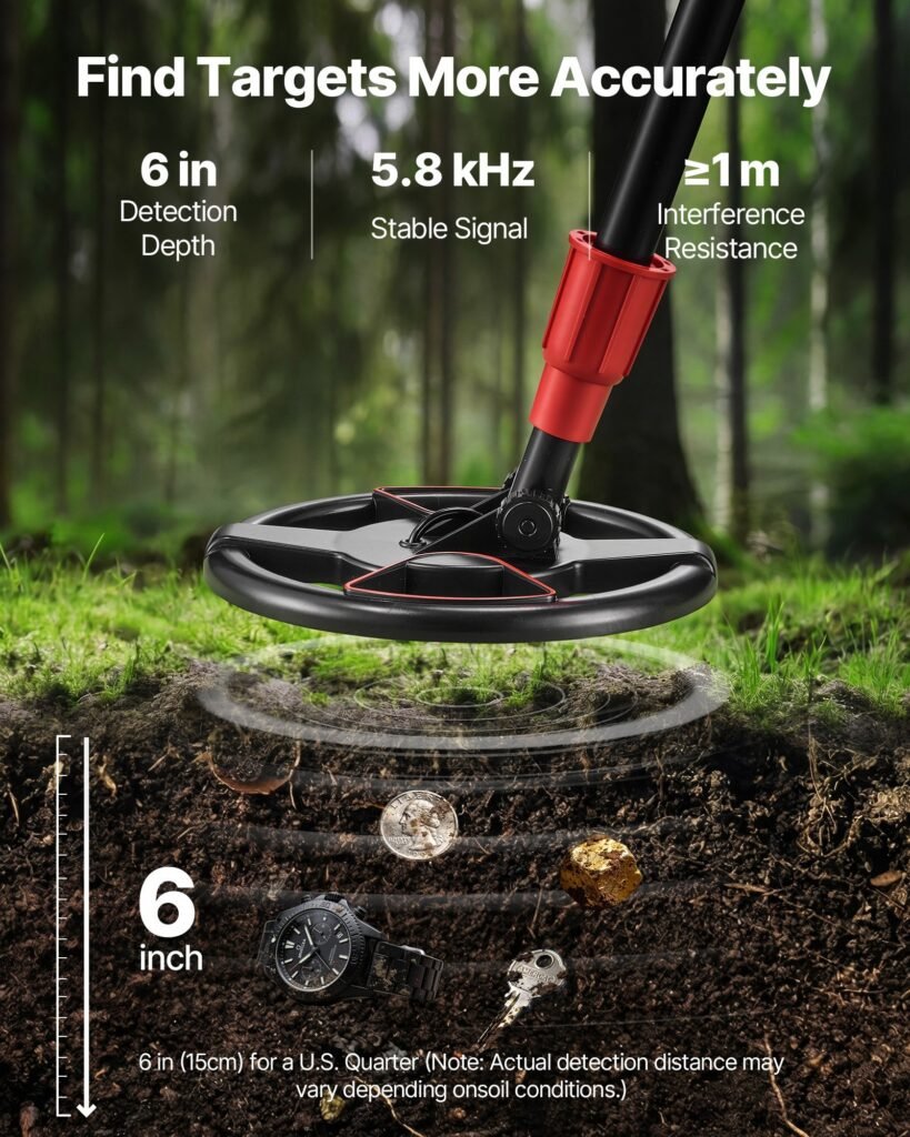 Metal Detector, 6", Lightweight Metal Detector With LCD Display, IP68 Waterproof Search Coil, Adjustable 22.8"-33.8" High Accuracy Gold Detector, Easy To Use, For Detecting Gold Treasure Hunting