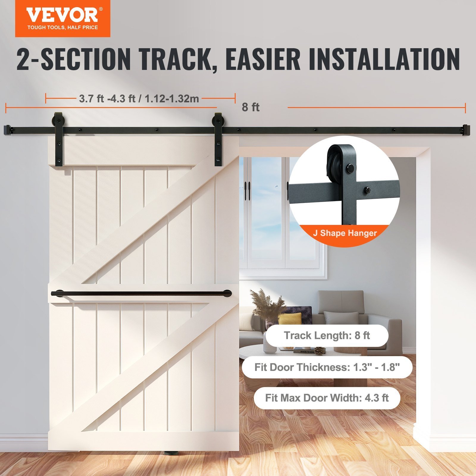 8FT Sliding Barn Door Hardware Kit, 330LBS Loading Heavy Duty Barn Door Track Kit For Single Door, Fit 3.7-4.3FT Wide And 1.3"-1.8" Thick Door Panel, With Smooth & Silent Pulley (J Shape) - Image 5