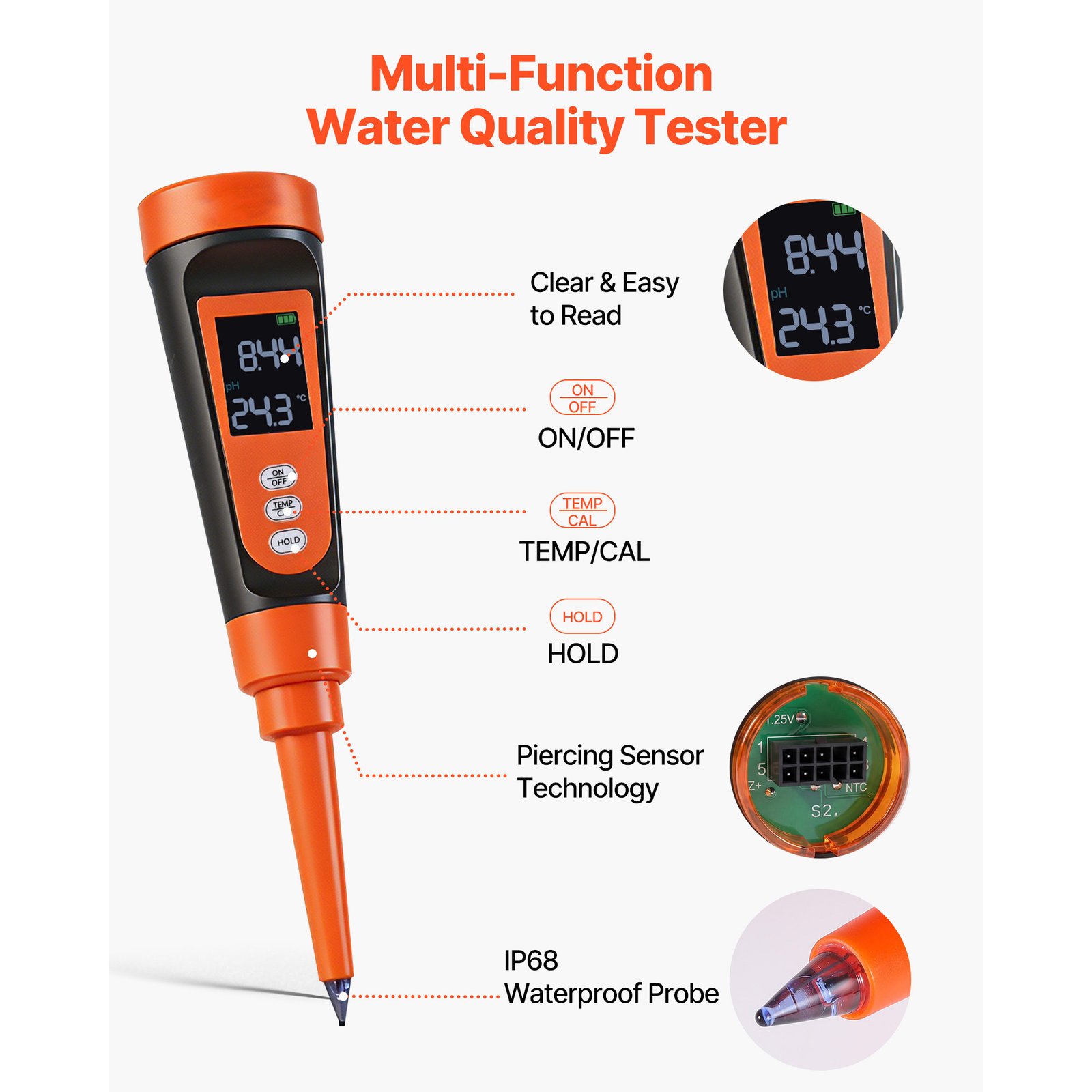 Food PH Meter, 0-14 PH Range, IP68 Waterproof Probe, Pocket Tester Kit With Automatic Temperature Compensation, Calibration Powder Packets, Easy To Read, For Food Fermentation, Dough, Meat - Image 2